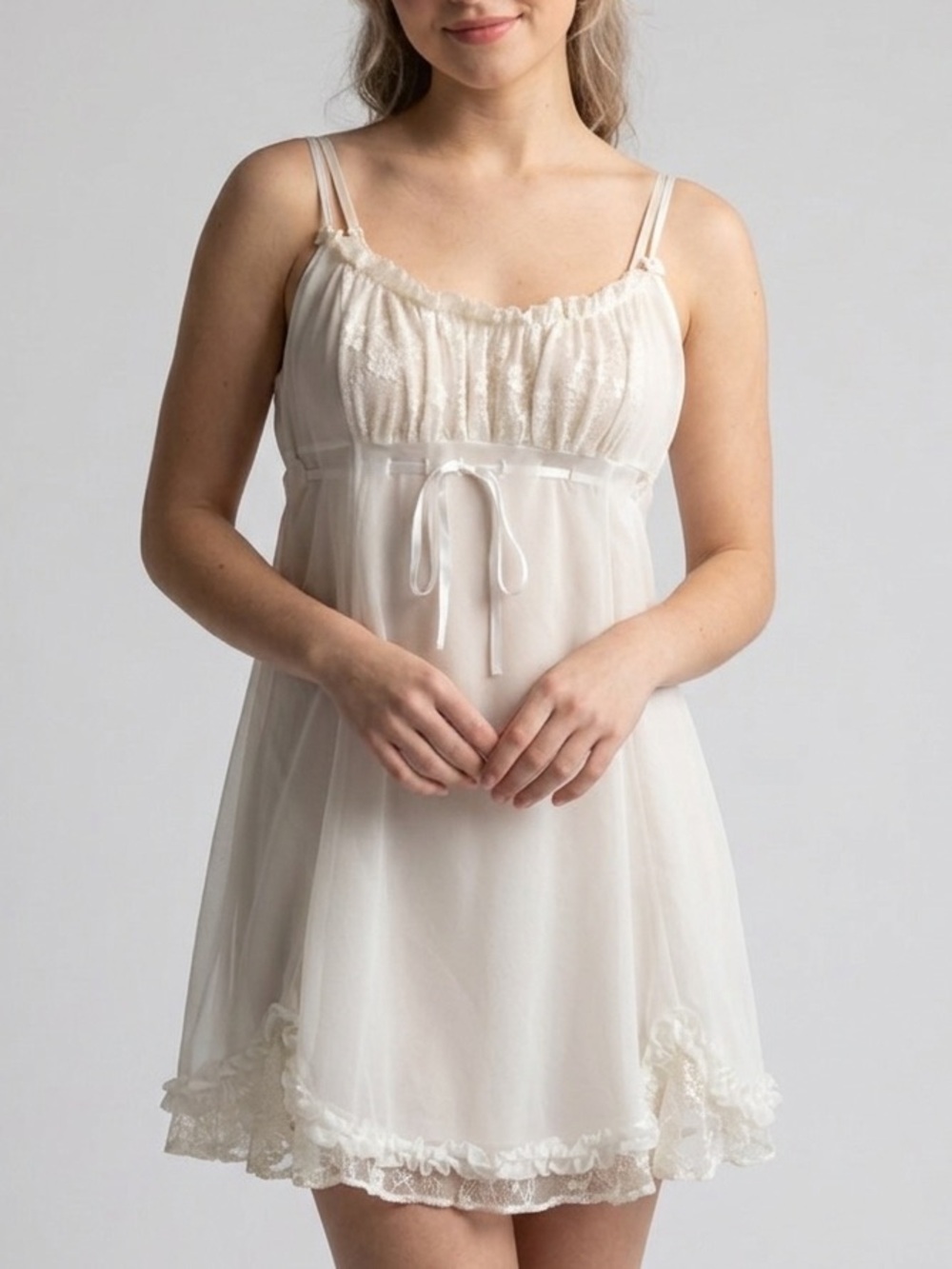 Vintage Betsey Johnson Intimates Sheer Mesh Lace Trim Babydoll Nightgown